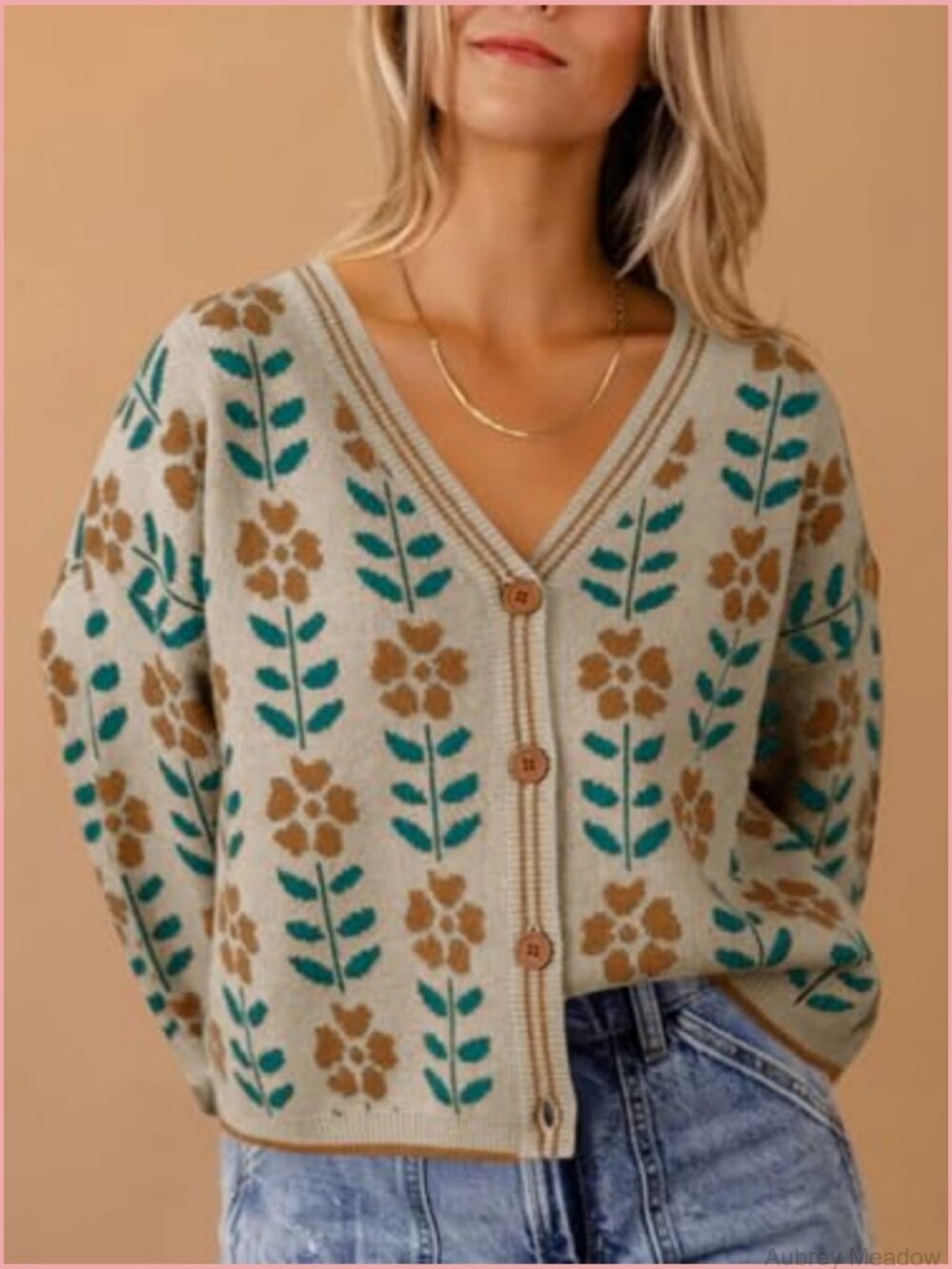 Floral V-Neck Cardigan Open Front Button Down Knit Long Sleeve - Picture 2 of 7